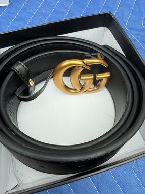 Black Leather Like Belt with Gold Double-G Buckle
